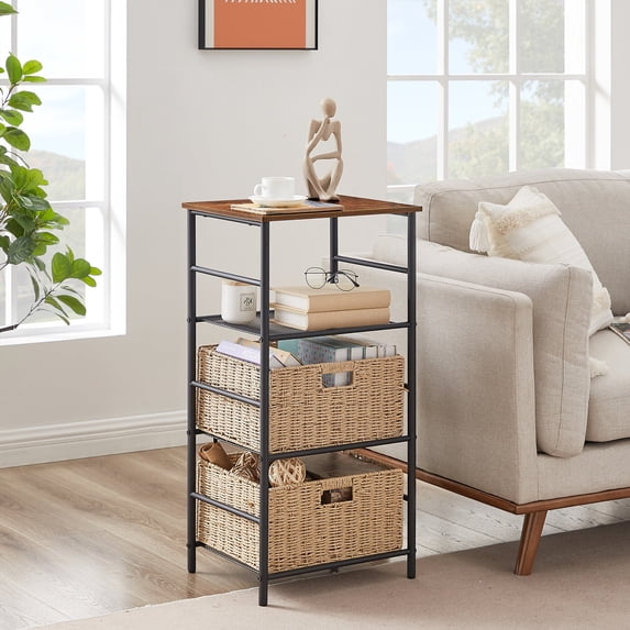 VECELO 4 Tier End Table with Mesh Shelves, Industrial Style Bedside Table with 2 Wicker Storage Baske for Living Room Bedroom Kitchen, Stable Metal Frame, Easy Assembly, Brown