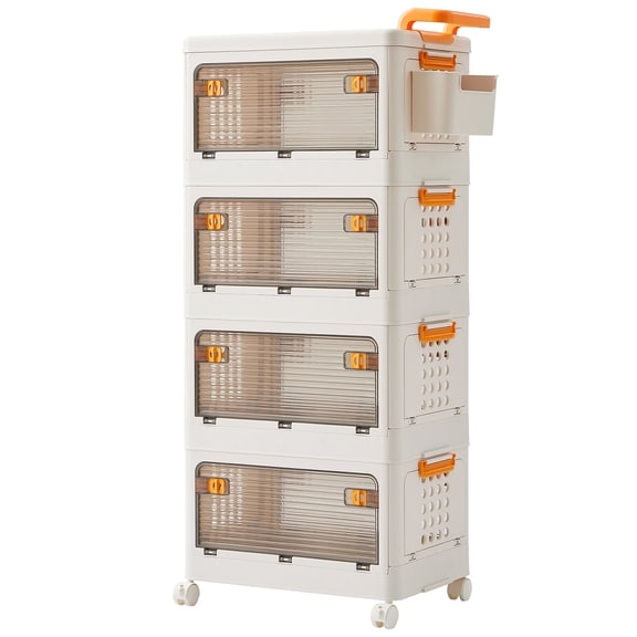 VECELO 4 Tier Folding Storage Bins with Lids and Double Doors, Stackable Collapsible Plastic Closet Organizers and Storage, Large Storage Box Containers with Wheels for Home, Beige