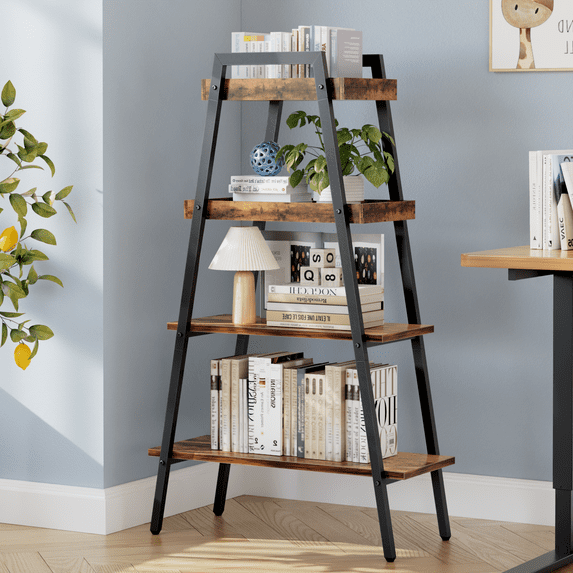 VECELO 4-Tier Metal Ladder Shelf, Storage Bookshelf Furniture Storage Rack Shelves, Plant Flower Stand for Living Room/Home/ Office, Brown