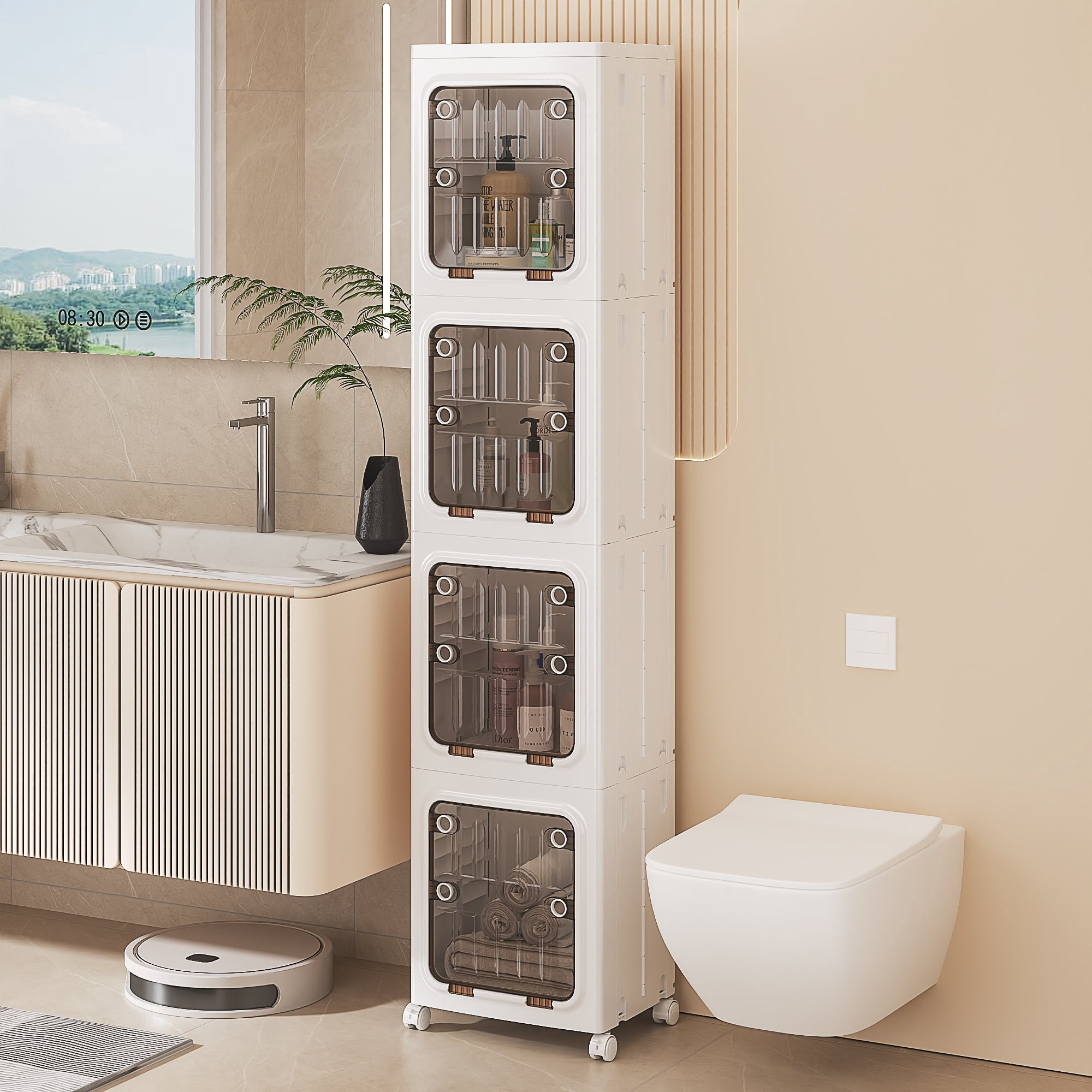 VECELO 4-Tier Tall Storage Cabinet With Wheels - Adjustable Shelves, Slim White For Bathroom, Kitchen