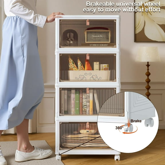 VECELO 4 Tier Plastic Storage Bins with Lid, Stackable Storage Containers with Wheels, Folding Storage Boxes, Collapsible Closet Organizers and Storage, White