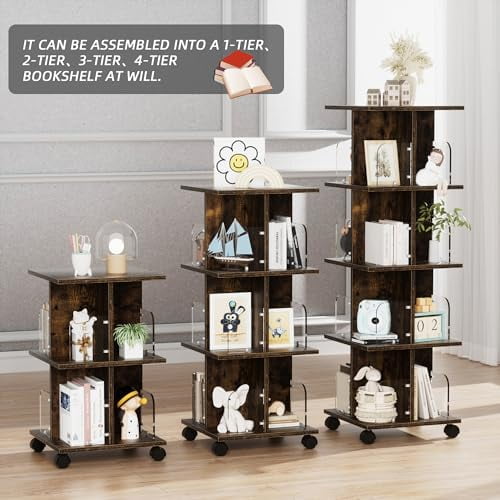 VECELO 4-Tier Rolling Bookshelf, Mobile Book Rack with Acrylic Windows ...