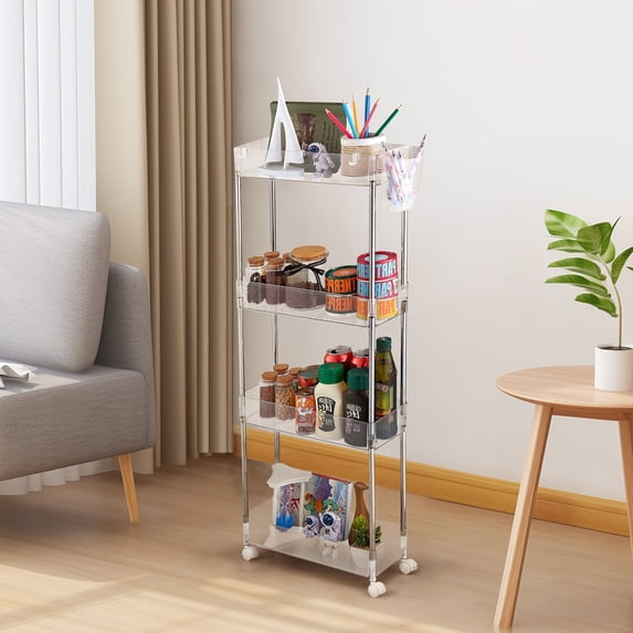 VECELO 4-Tier Rolling Utility Cart with Lockable Caster Wheels, Extra Hanging Cups and Hooks, Storage Shelves Organizer Cart for Living Room Bathroom Kitchen Office, Clear