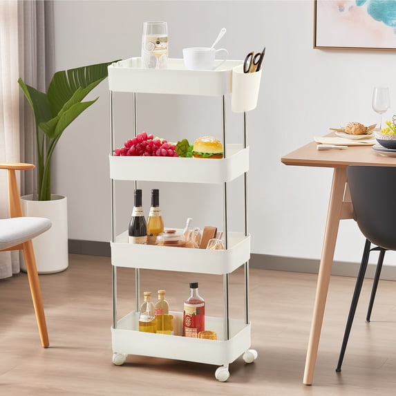 VECELO 4-Tier Rolling Utility Cart with Lockable Caster Wheels, Extra Hanging Cups and Hooks, Storage Shelves Organizer Cart for Living Room Bathroom Kitchen Office, White