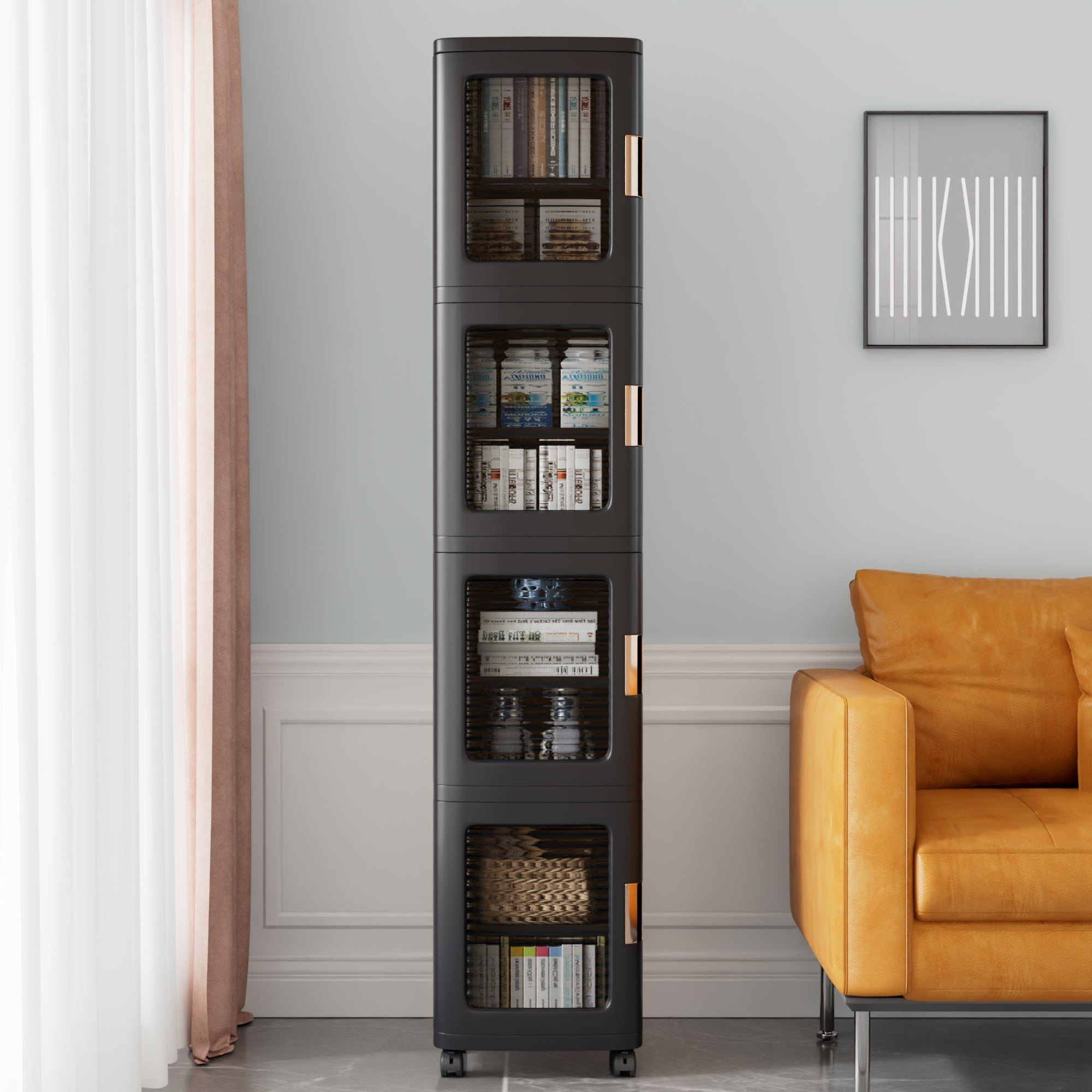 VECELO 4-Tier Slim Storage Cabinet with Wheels, Folding Stackable Box Organizer with Adjustable Shelves and Anti-Tip Design, Black, Large