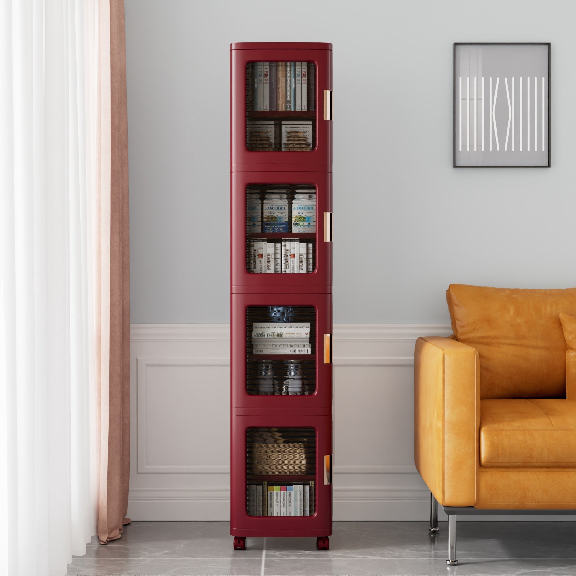 VECELO 4-Tier Slim Storage Cabinet with Wheels, Folding Stackable Box Organizer with Adjustable Shelves and Anti-Tip Design, Red, Large