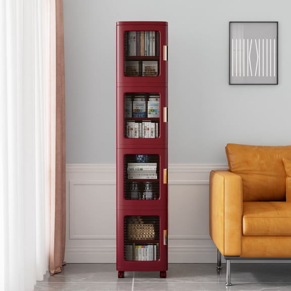 VECELO 4-Tier Slim Storage Cabinet with Wheels, Folding Stackable Box Organizer with Adjustable Shelves and Anti-Tip Design, Red, Large
