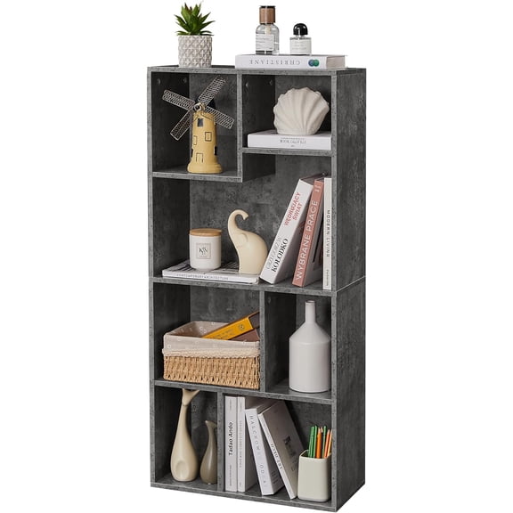 VECELO 42 Inch High Bookcase, 4-Tier Modern Storage Cabinet with Height Difference Shelves for Standard Textbooks, Floor Standing Display, 7 Cubes, Horizontal Avaiable, Easy Assembly, Grey