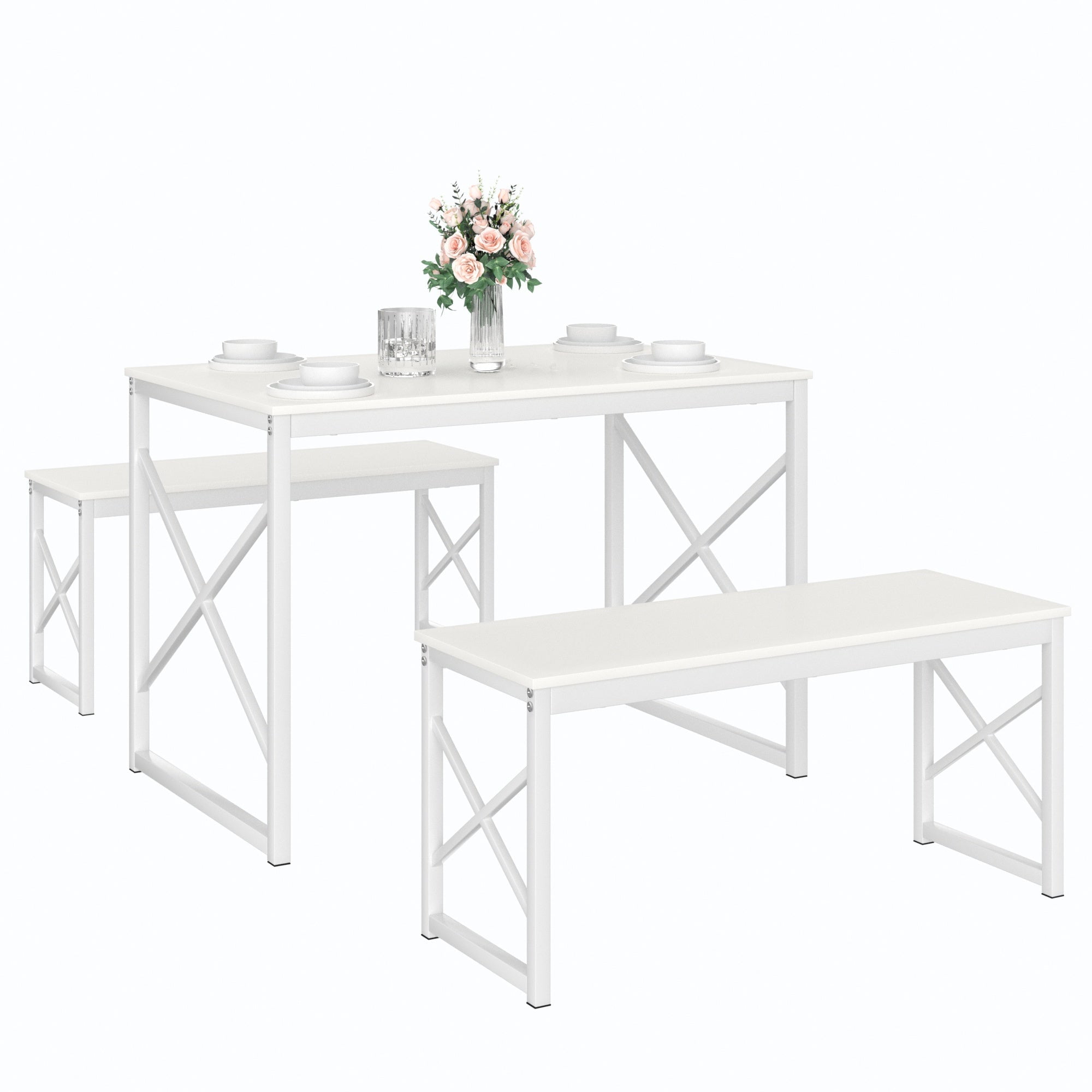 VECELO 43.3" Dining Table Sets with Benches, Modern Industrial 3Piece