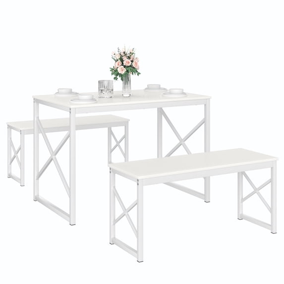 VECELO 43.3" Dining Table Sets with Benches, Modern Industrial 3-Piece Kitchen Table Set for Dining Room, White