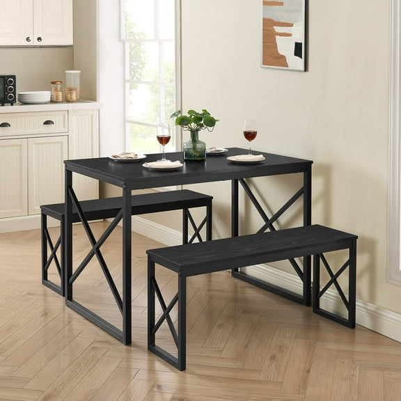 VECELO 43.3" Modern 3-Piece Dining/Kitchen Table Set with 2 Benches, Sturdy Metal Frame and MDF Board, Black