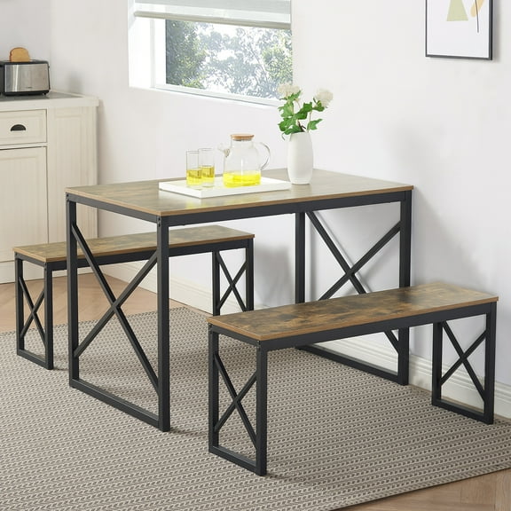 VECELO 43.3" Modern 3-Piece Dining/Kitchen Table Set with 2 Benches, Sturdy Metal Frame and MDF Board, Brown