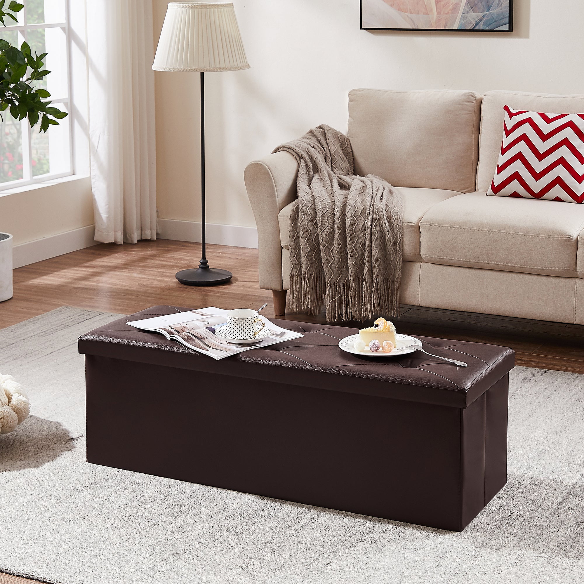 VECELO 43" Folding Storage Ottoman Bench, Faux Leather Footrest Couch