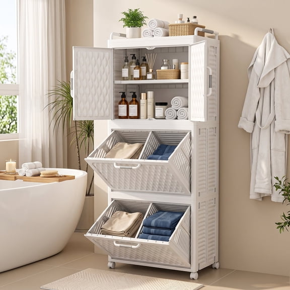 VECELO 49.6" Tall Tilt‑Out Laundry Basket with Wheels & Handle, Rolling Plastic Laundry Hamper Storage Cabinet, Double Door for Bathroom Laundry Room Bedroom, White