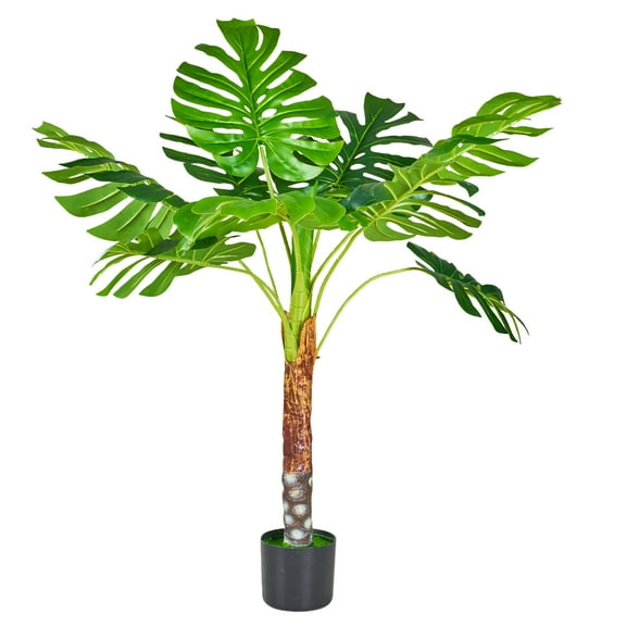 VECELO 4FT Artificial Palm Leaves Plants, Faux Fake Monstera Turtle Leaf Tropical Large Tree Plastic Leaves, Indoor Outdoor UV Resistant Fake Plant Decoration, Green