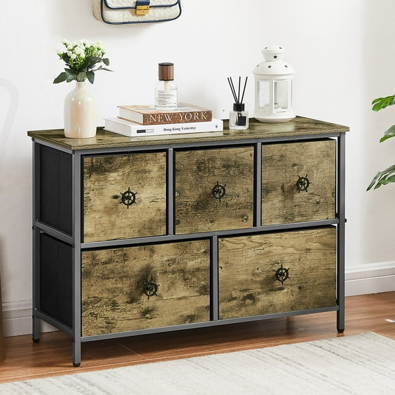 VECELO 5-Drawer Dresser for Bedroom Chest of Drawers Storage Dresser, 31.5" Length Unit Standing Organizer Metal Frame Wooden Top Living Room Entryway Office, Gray