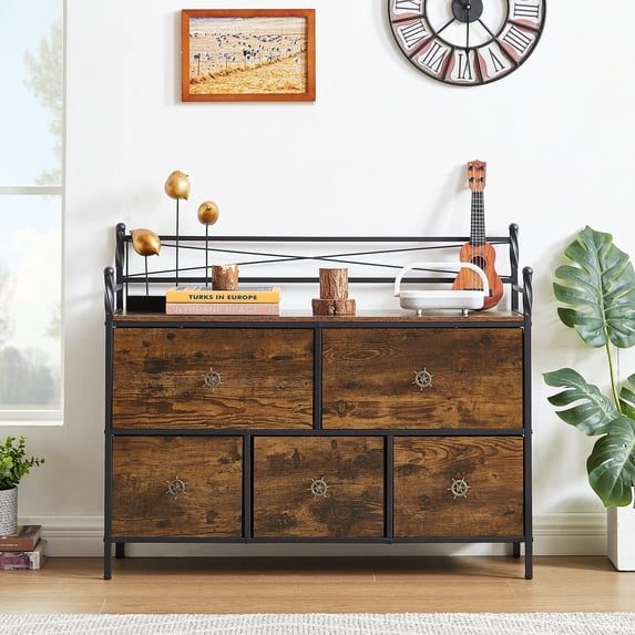 VECELO 5 Drawers Dresser Metal Frame and Wooden Top Floor Storage Cabinets for Living Room, Bedroom, Office, Brown