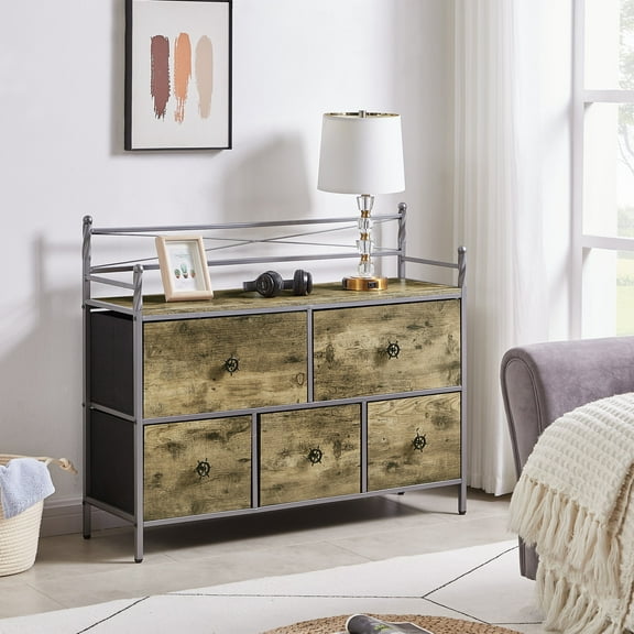 VECELO 5 Drawers Dresser Metal Frame and Wooden Top Floor Storage Cabinets for Living Room, Bedroom, Office, Gray