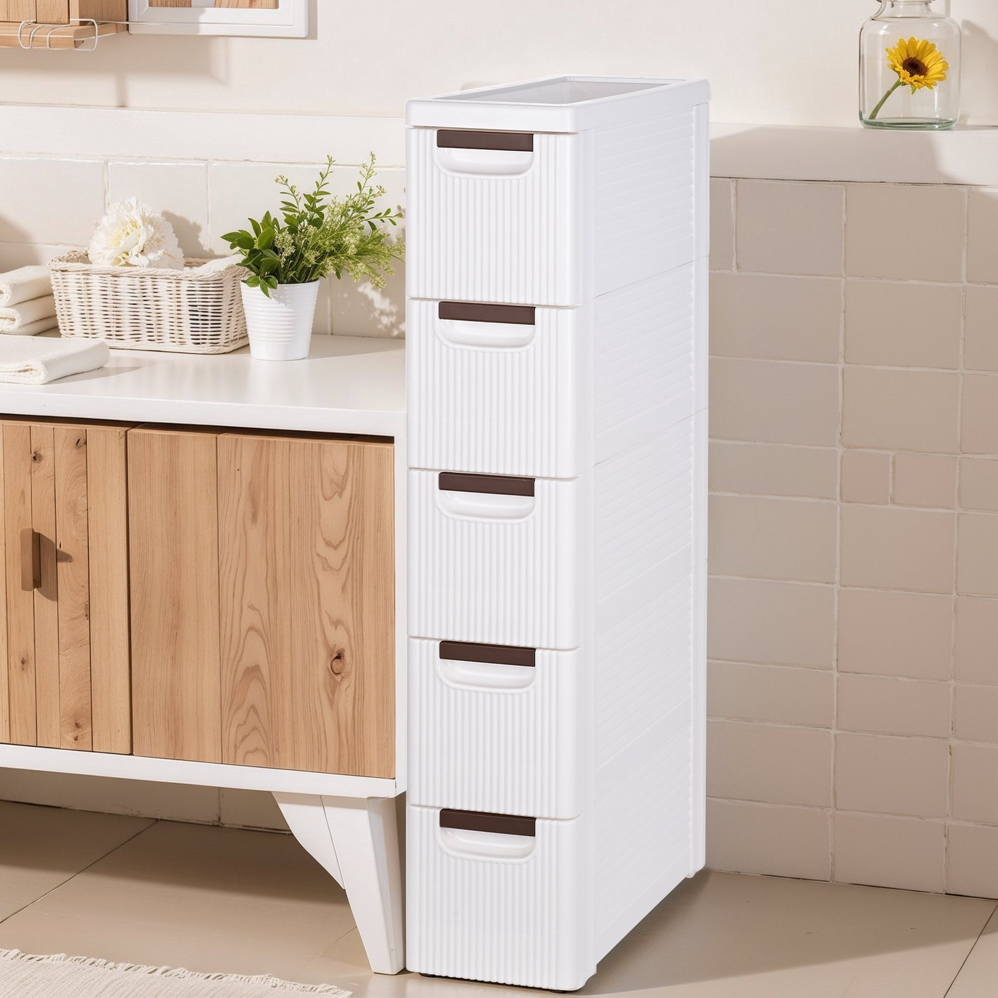 VECELO 5 Drawers Small Bathroom Stackable Storage Cabinet Floor Side Cabinet, Freestanding Plastic Narrow Lim Corner Slide Out Drawer Storage, For Bedroom Kitchen, White