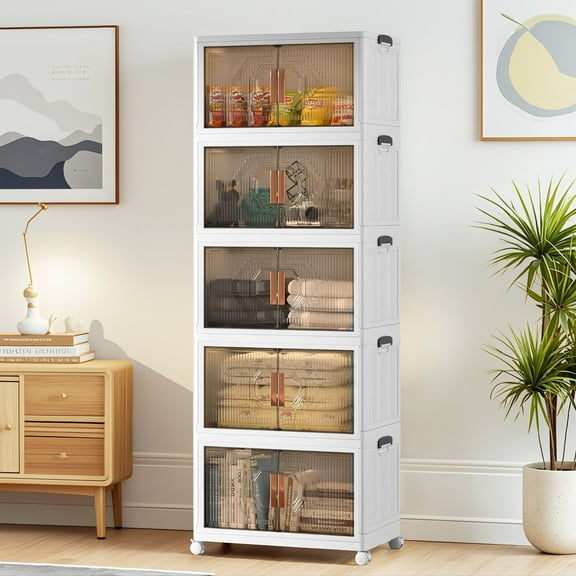 VECELO 5 Pack Stackable Storage Bins with Lid, Collapsible Plastic Stackable Storage Organizer Boxes for Clothes/Toys/Office Supplies/Snacks, White