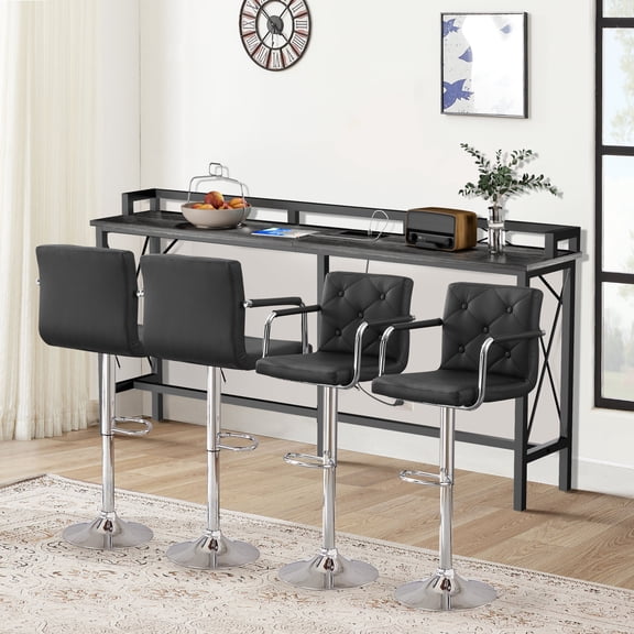 VECELO 5-Piece Console Table and Stool Set, 70.9" Sofa Table with USB Charging Station and 4 Adjustable Swivel Chairs, Black