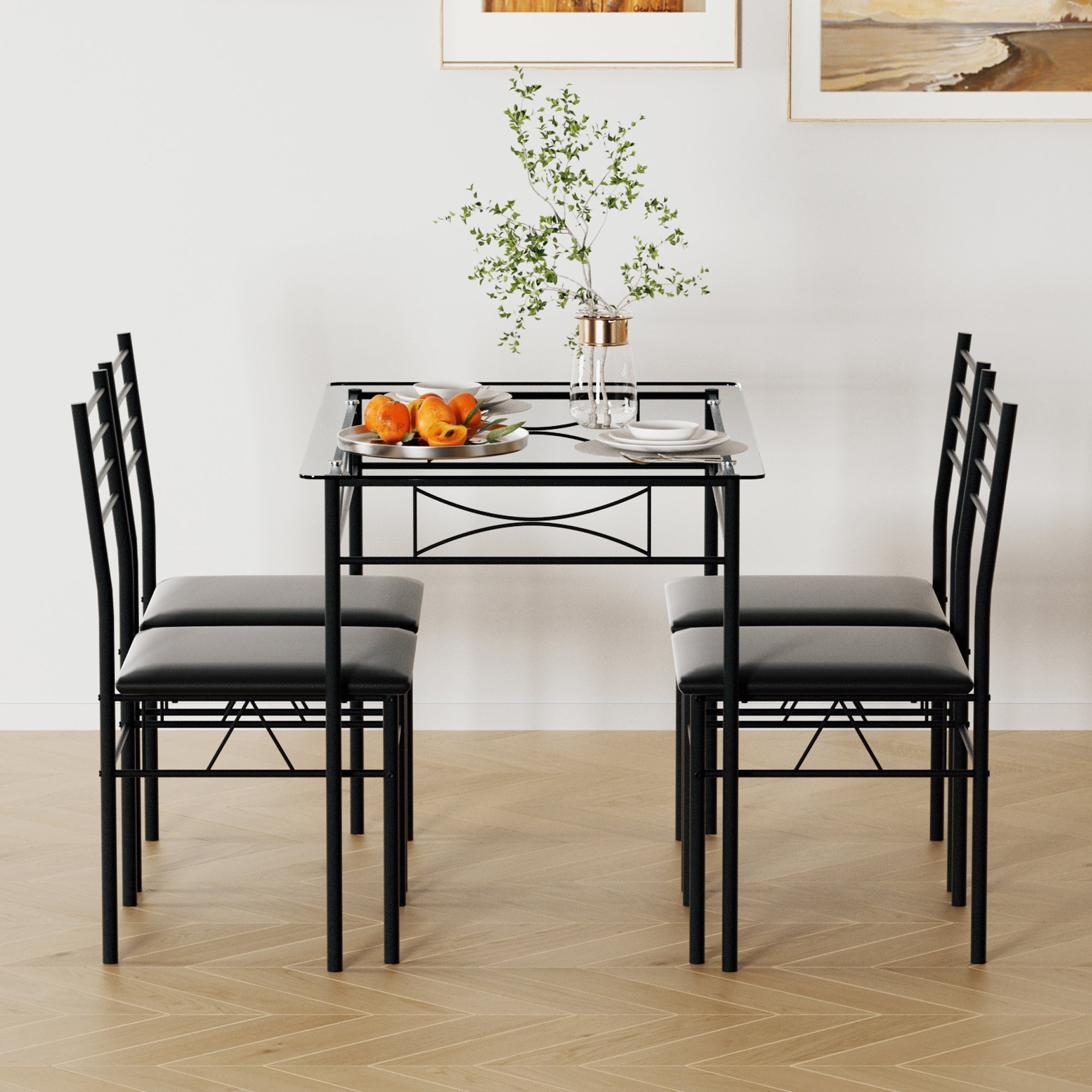 VECELO Compact 5-Piece Dining Set: Simple Glass Table Top VECELO Compact 5-Piece Dining Set: Simple Glass Table Top