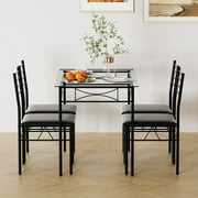 VECELO 5-Piece Dining Set Table with 4 Chairs for Kitchen Furniture, Glass Table Top with Metal Frame, Black
