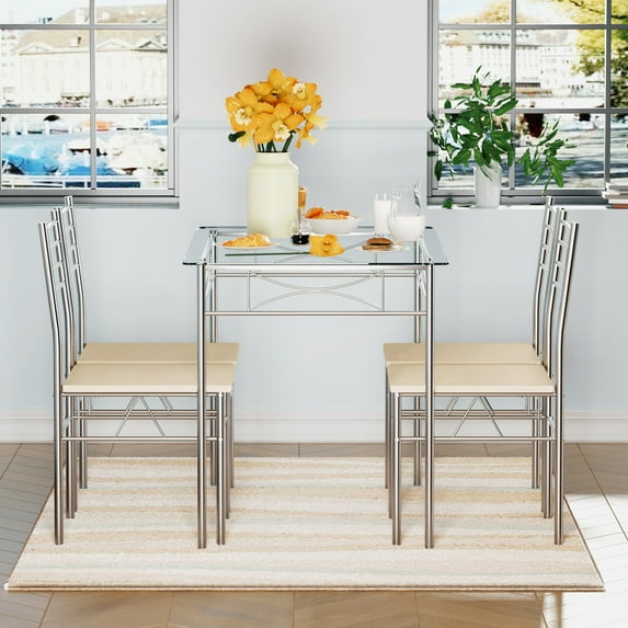 VECELO 5-Piece Dining Set Table with 4 Chairs for Kitchen Furniture, Glass Table Top with Metal Frame, Silver