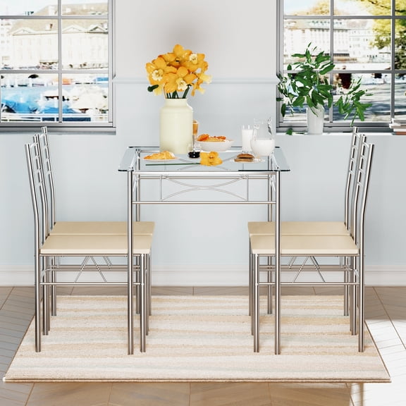 VECELO 5-Piece Dining Set Table with 4 Chairs for Kitchen Furniture, Glass Table Top with Metal Frame, Silver