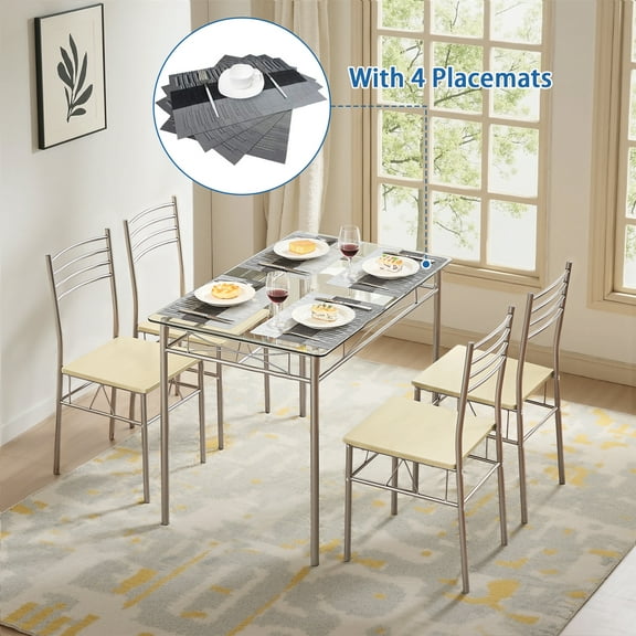 VECELO 5-Piece Dining Set Tempered Glass Top Table with 4 Chairs for Home, Kitchen/Living Room, Silver