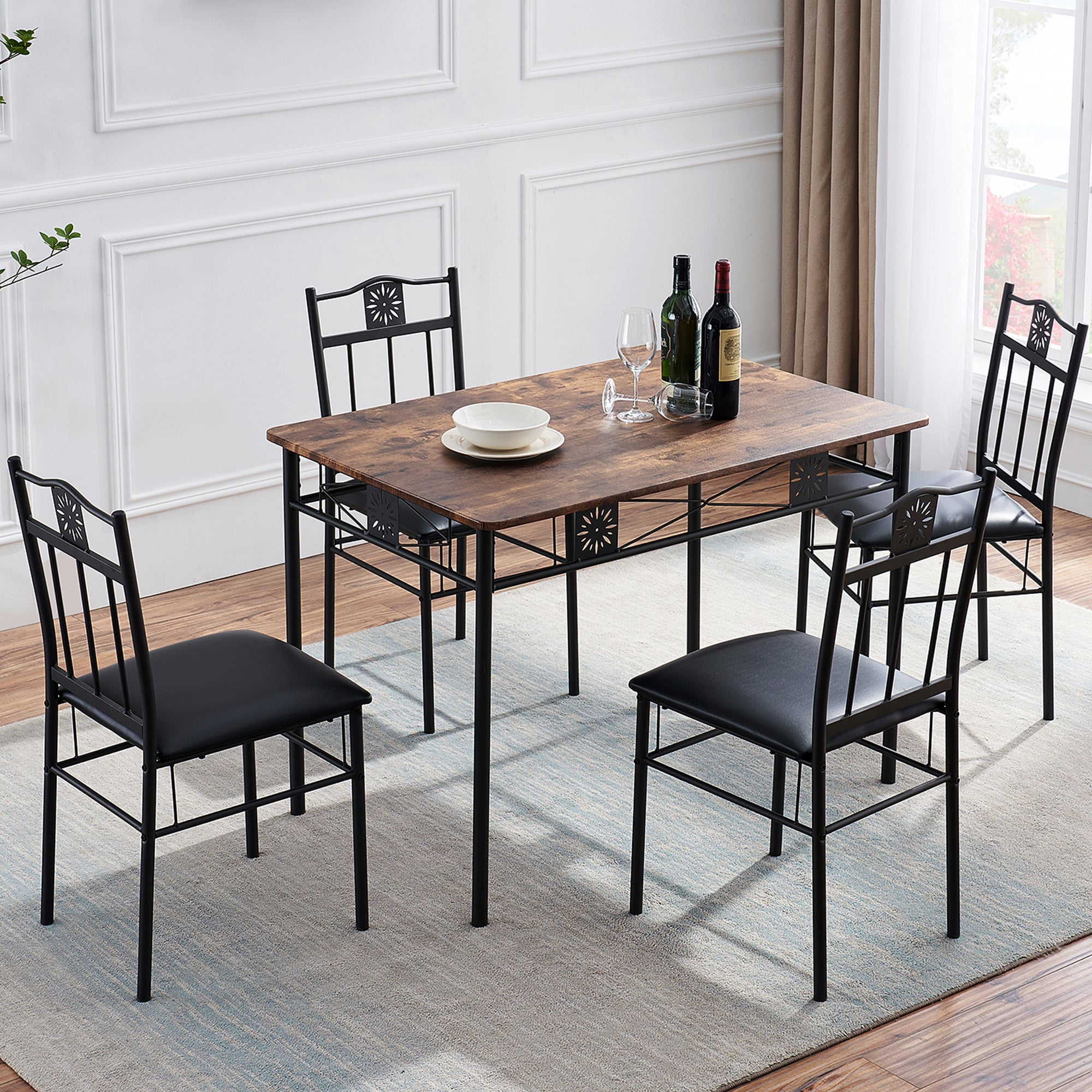 VECELO 5-Piece Dining Set, Wood & Metal Table and 4 Chairs for Kitchen ...