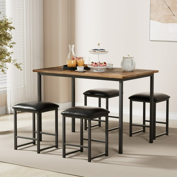 VECELO 5-Piece Dining Table Set with 4 Stools, 43.3" Rectangular Kitchen Table & Chairs Sets, Space-Saving Pub Dining Set for Living Room, Breakfast Nook, Apartment, Brown