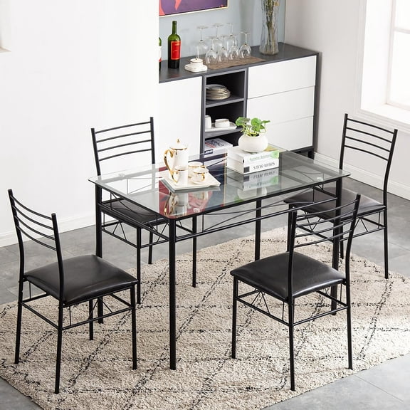 VECELO 5 Piece Dining Table Set, Glass Top Table & 4 Chairs for Dining Room, Kitchen Dining Room Table and Chairs Set for 4, Black