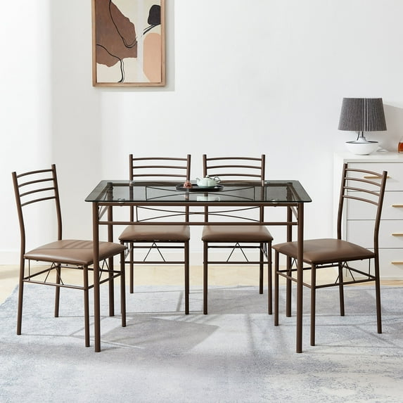 VECELO 5 Piece Dining Table Set, Glass Top Table & 4 Chairs for Dining Room, Kitchen Dining Room Table and Chairs Set for 4, Brown