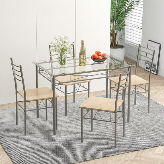 VECELO 5 Piece Dining Table Set, Glass Top Table & 4 Chairs for Dining Room, Kitchen Dining Room Table and Chairs Set for 4, Silver