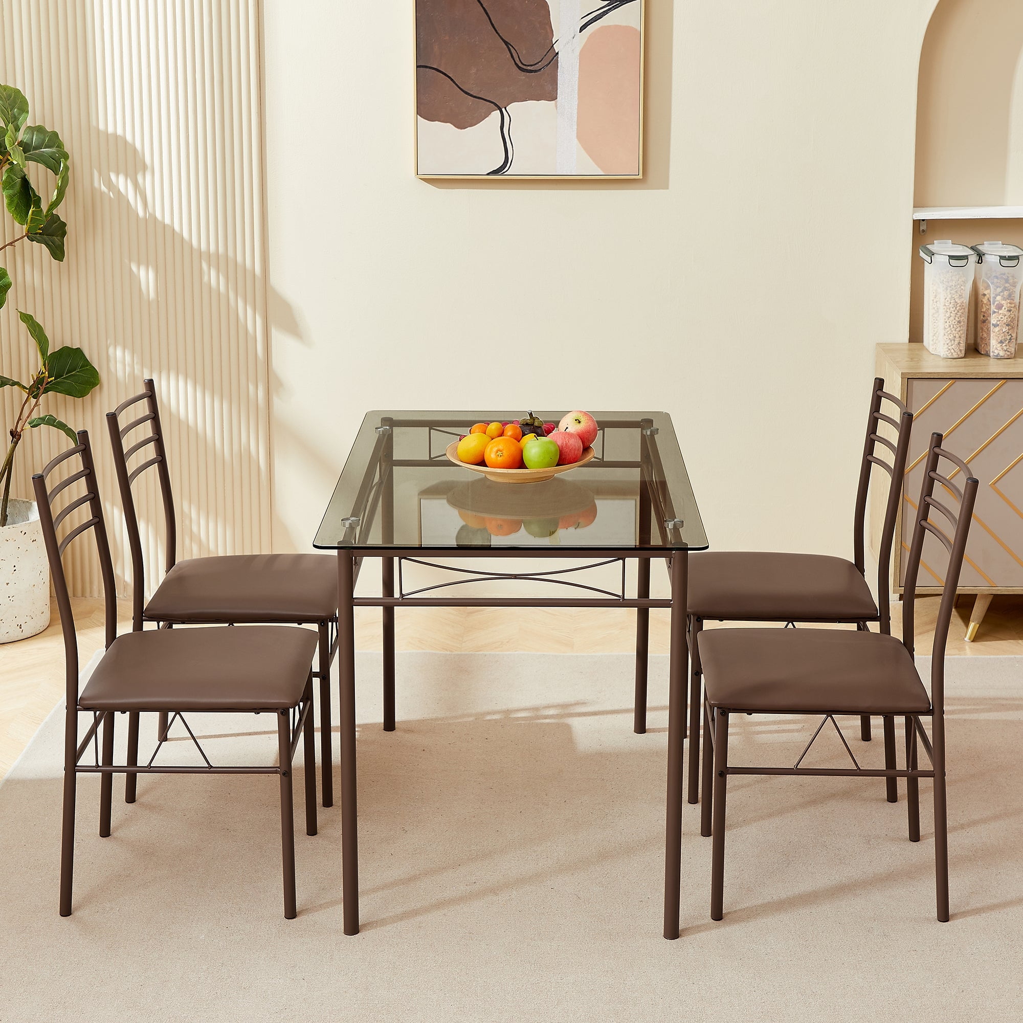 VECELO 5 Piece Dining Table Set Kitchen Dining Room Table and 4 Chairs Glass Table Top with Metal Frame Space Saving Brown
