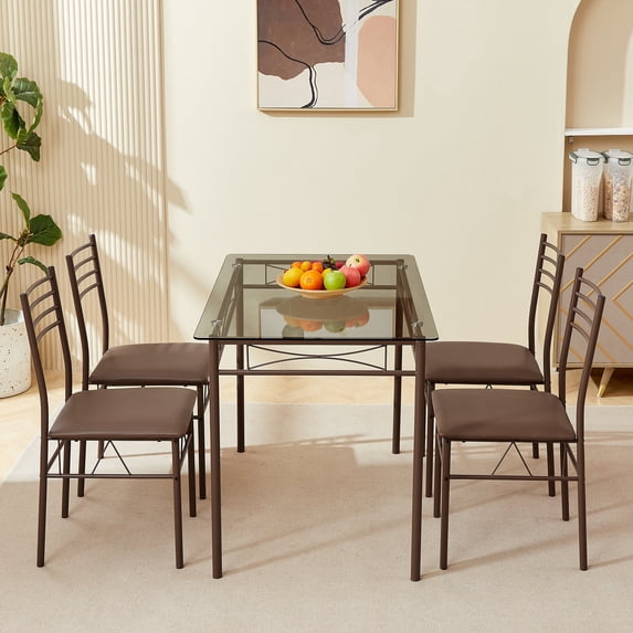 VECELO 5-Piece Dining Table Set, Kitchen Dining Room Table and 4 Chairs, Glass Table Top with Metal Frame, Space Saving, Brown