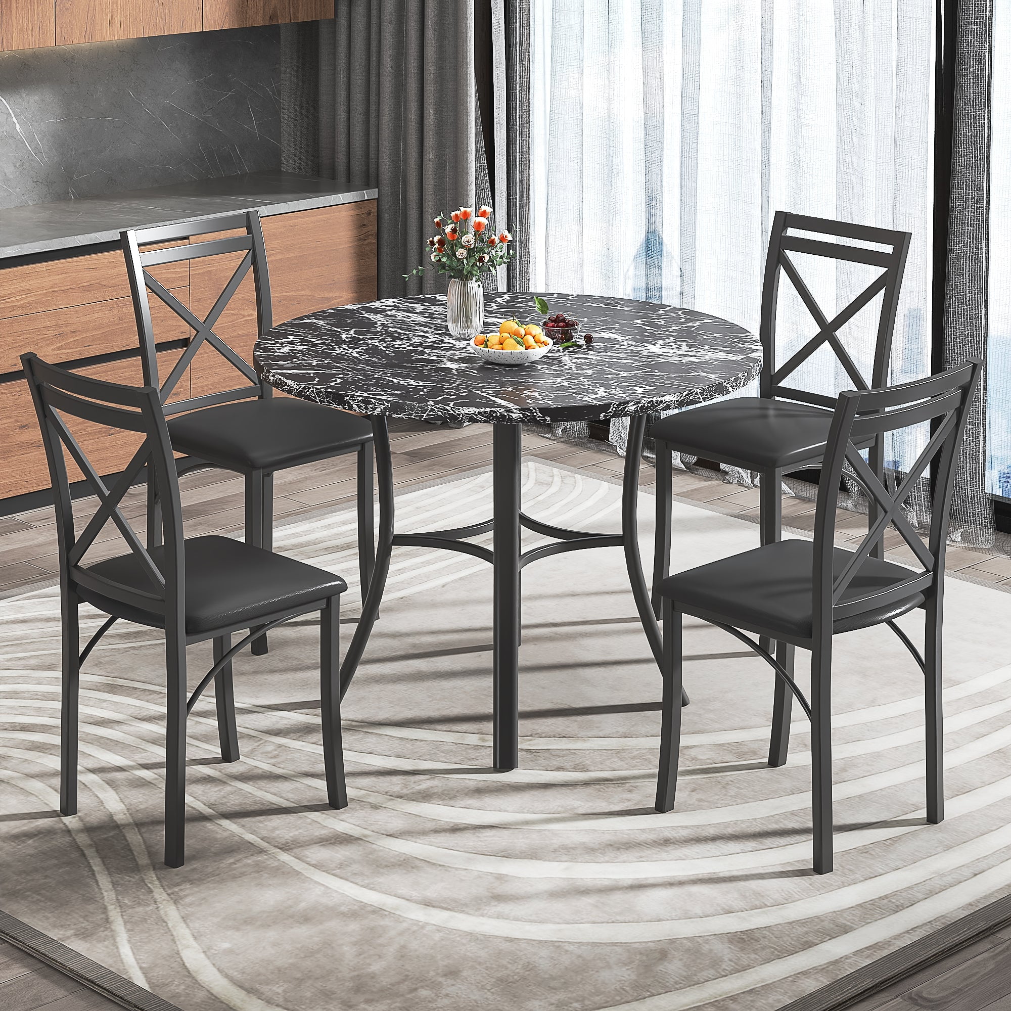 COCLUB 4-Piece Dining Table Set - 47.2\" Faux Marble Table & 4 Velvet Chairs, Blue, For Kitchen Or Dining Room