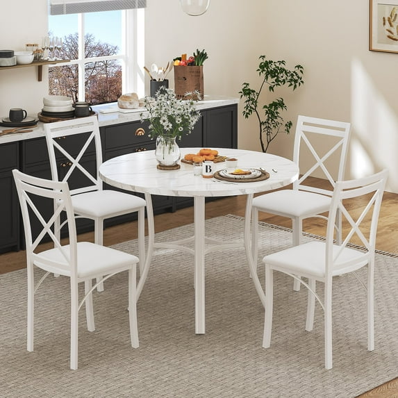 VECELO 5-Piece Dining Table Set, Modern Faux Marble Table and 4 Upholstered Chairs Set for 4, Round Dining Room Table Set for Small Space, Breakfast Nook, Apartment, White