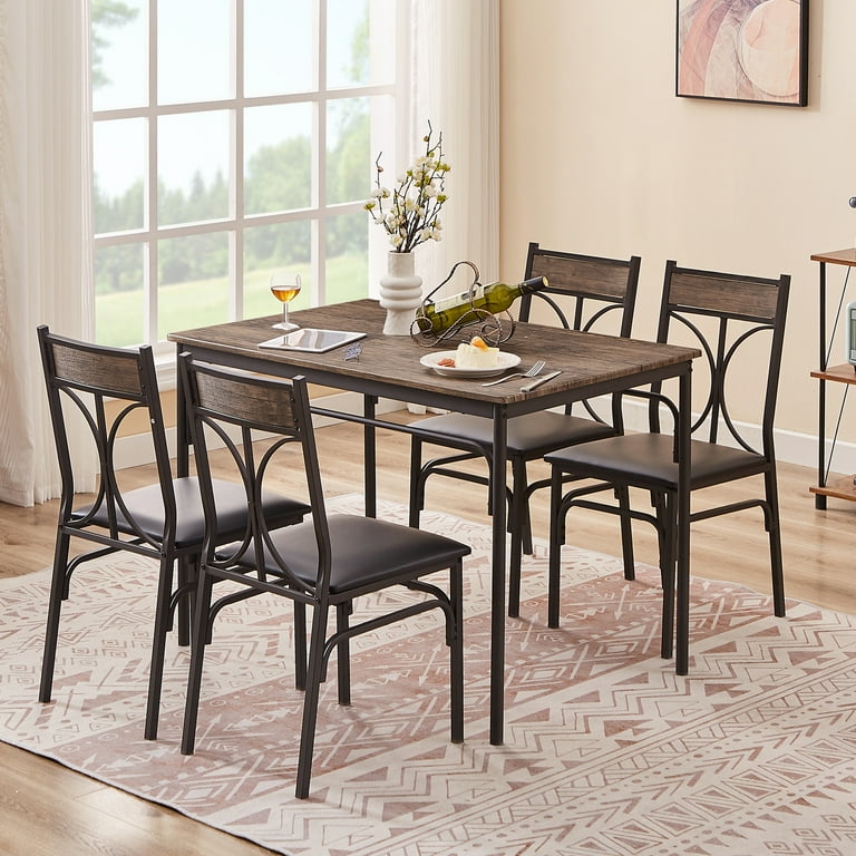VECELO 5 Piece Dining Table Set for 4 Wood Table and Cushion Chair for Kitchen Breakfast Nook Living Room Brown