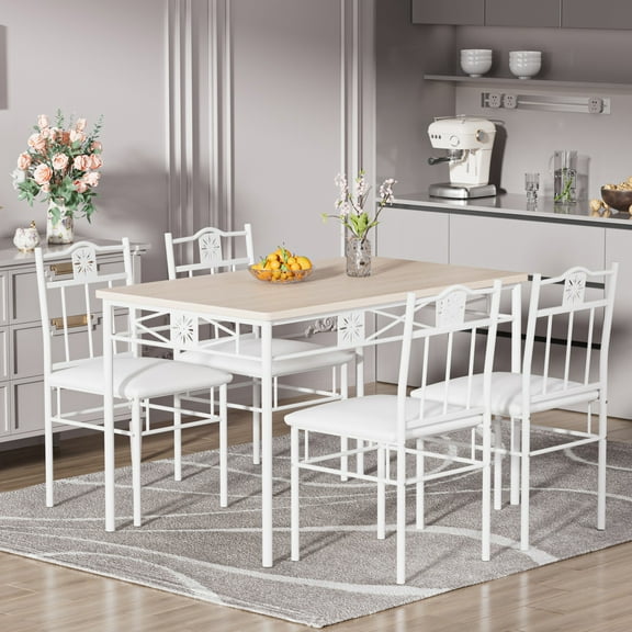 VECELO 5-Piece Dining Table Set for 4, Wooden Metal Table and 4 PU Cushion Chairs for Kitchen Breakfast Furniture, Oak Color