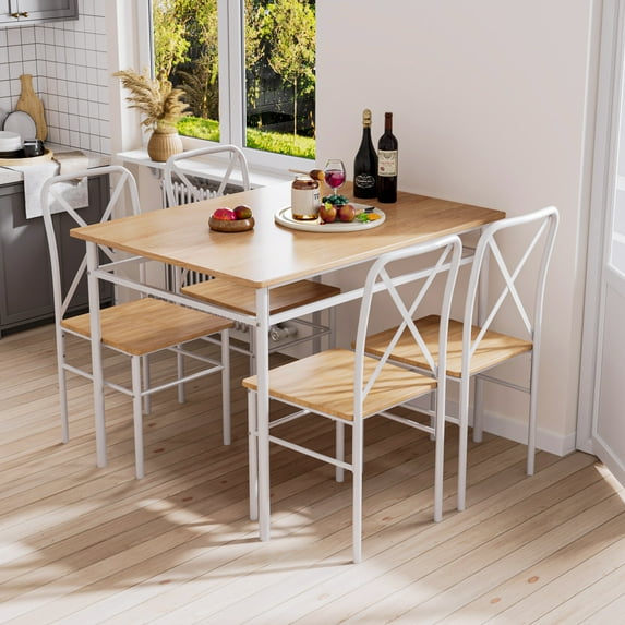 VECELO 5-Piece Dining Table Set with 4 Chairs, Modern Wood Kitchen Table and Metal Frame Chairs for Kitchen, Dining Room, Breakfast Nook, White
