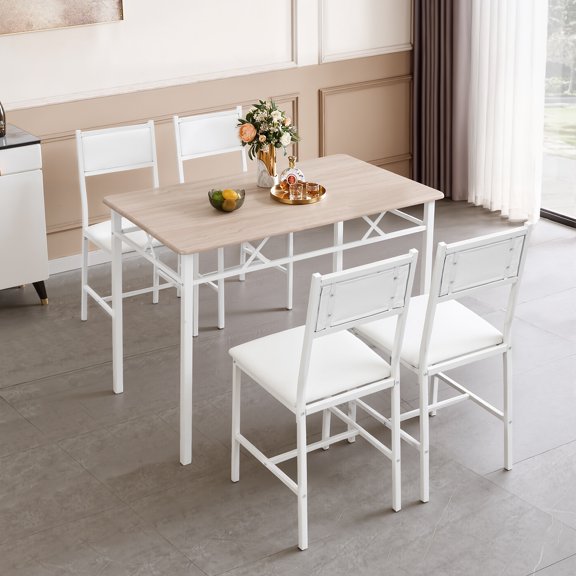 VECELO 5-Piece Modern Dining Set for 4 People,  Metal & Wood Table & 4 PU Chairs, Space-Saving for Small Spaces and Apartments, Natural