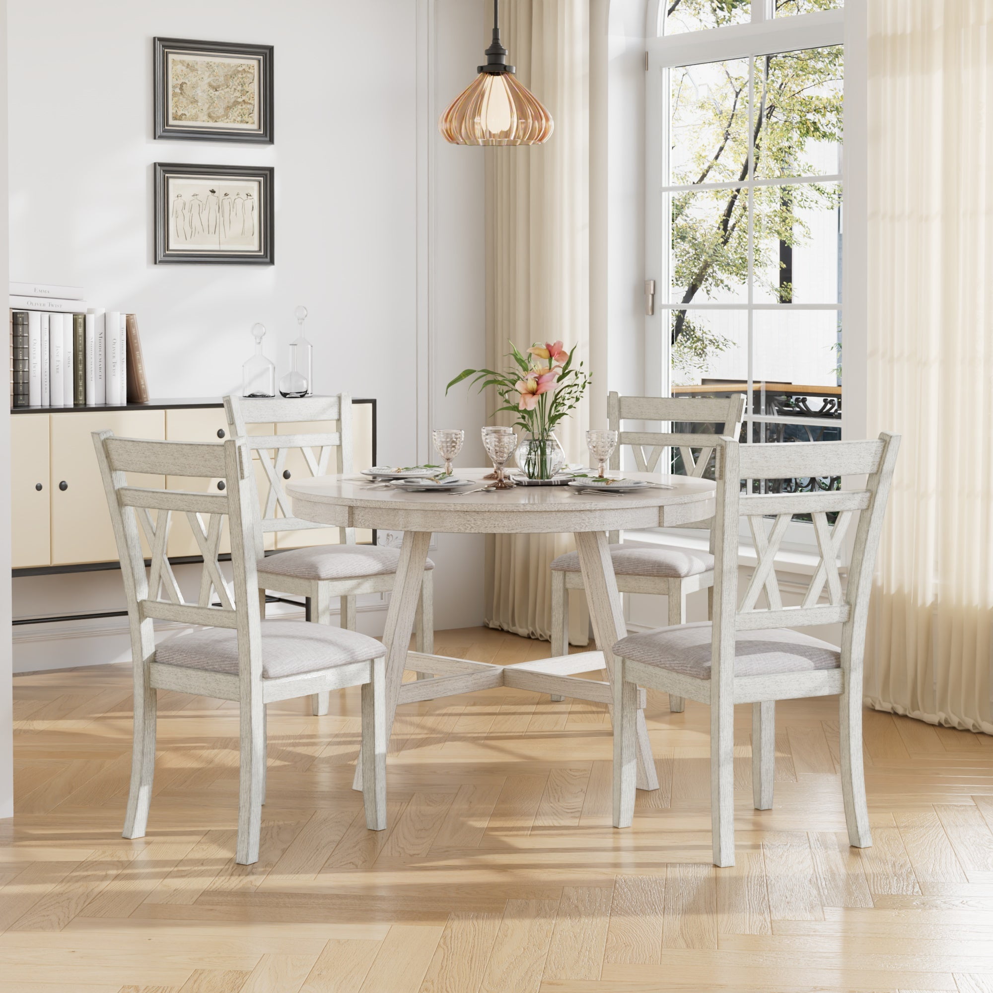VECELO 5-Piece Solid Rubber Wood Table and High Back Chairs Dining Set ...