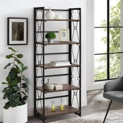VECELO 5-Tier Bookshelf, Industrial Freestanding Foldable Bookcase Organizer Storage Display Shelf, Dark Brown