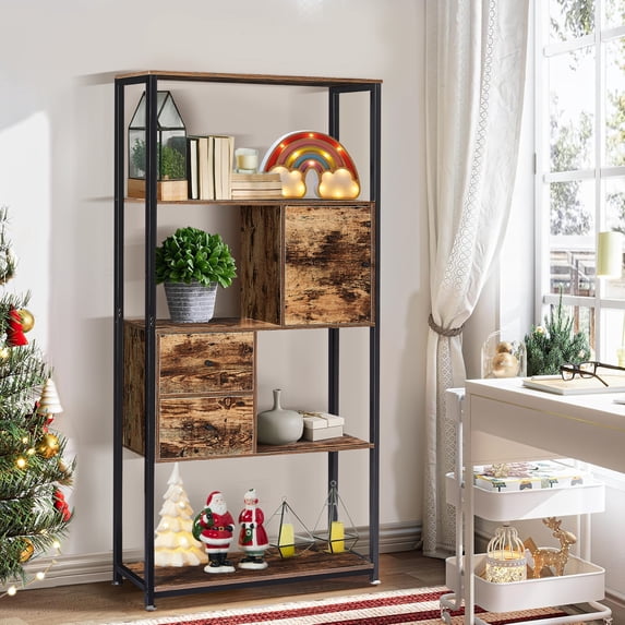 VECELO 5-Tier Bookshelf with Cabinet & Drawer, Industrial Wooden Bookcase Display Rack, Rustic Brown