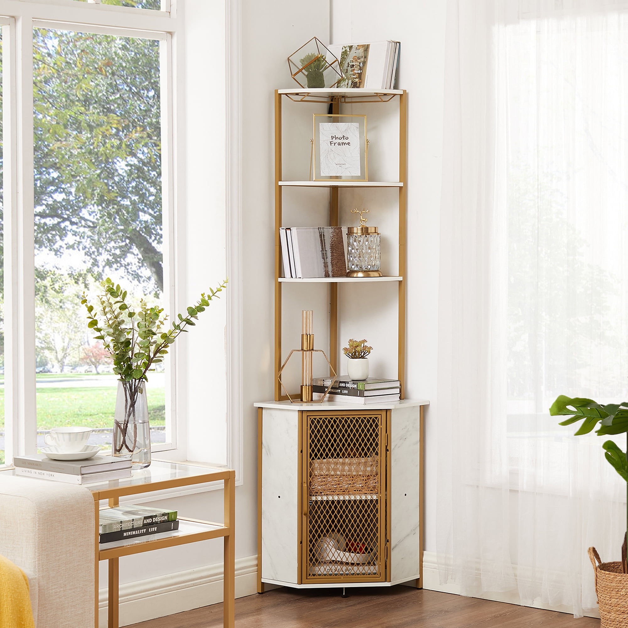 VECELO 5 Tier Corner Shelf with Storage Cabinet 63 Inch Tall