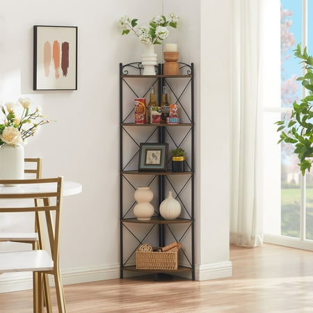 VECELO 5-Tier Corner Shelf, Triangle Wood Storage Rack Plant Display Stand, Brown