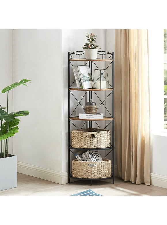 VECELO 5-Tier Corner Shelf with 2 Folding Baskets, Triangle Wood Storage Rack Plant Display Stand, Brown