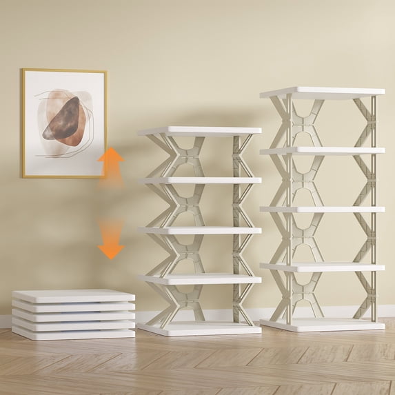 VECELO 5 Tier Shoe Rack, K-shaped Foldable Shoe Shelf Without Assembly, Space-Saving Shoe Storage Organizer for Bedroom, Living Room, Entryway, Gray
